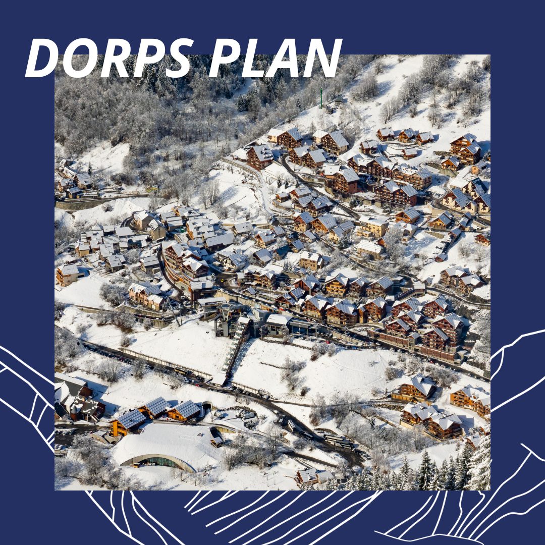 Plattegrond van het dorp in de winter: luchtfoto van Vaujany