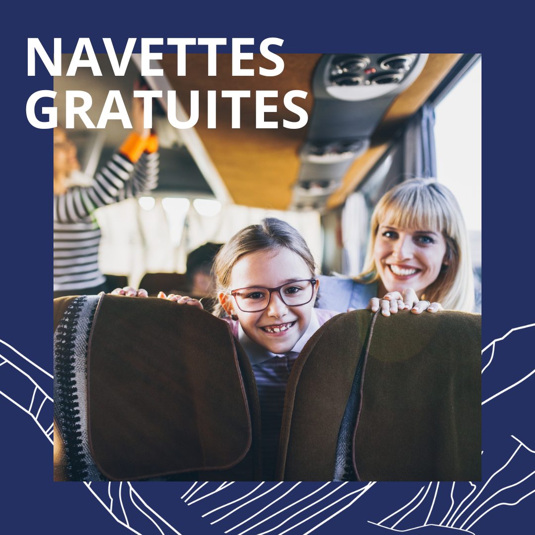 se déplacer dans Vaujany en navette gratuite, enfant et adulte heureux dans un bus