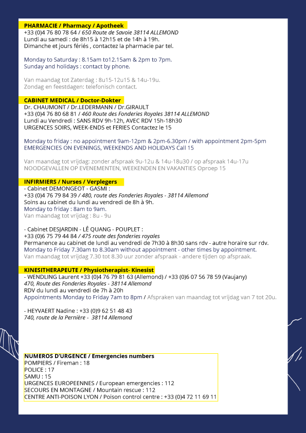 Liste des numéros utiles en cas d'accident et problème de santé sur Vaujany - Automne 2025