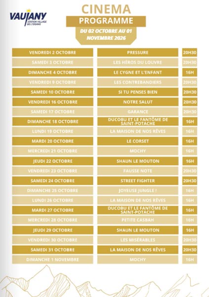 Programme du cinéma octobre 2026 - Vaujany