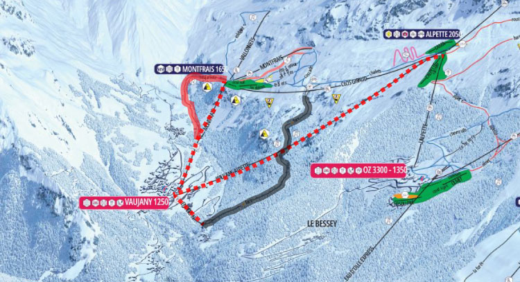 Plan des pistes : retour station Vaujany