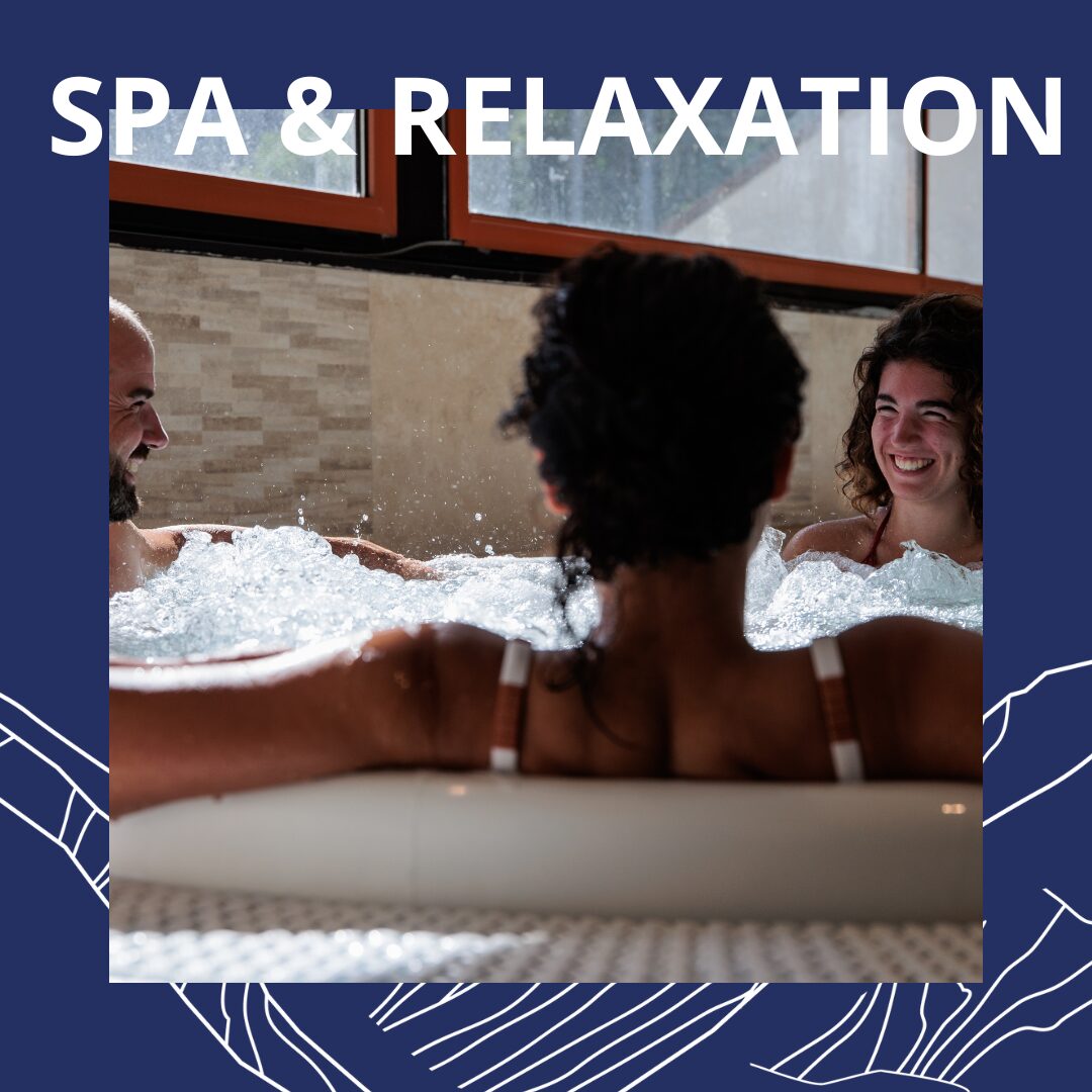 A group of adults unwinding and enjoying a casual spa experience after skiing