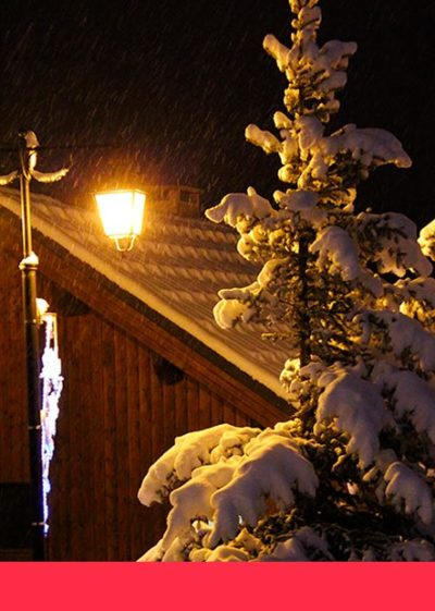 sapin avec de la neige fraiche éclairé par un lampadaire : ambiance hiver nocturne