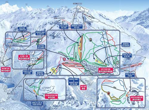 Plan des pistes de l'Alpe d'Huez hiver : zones ludiques